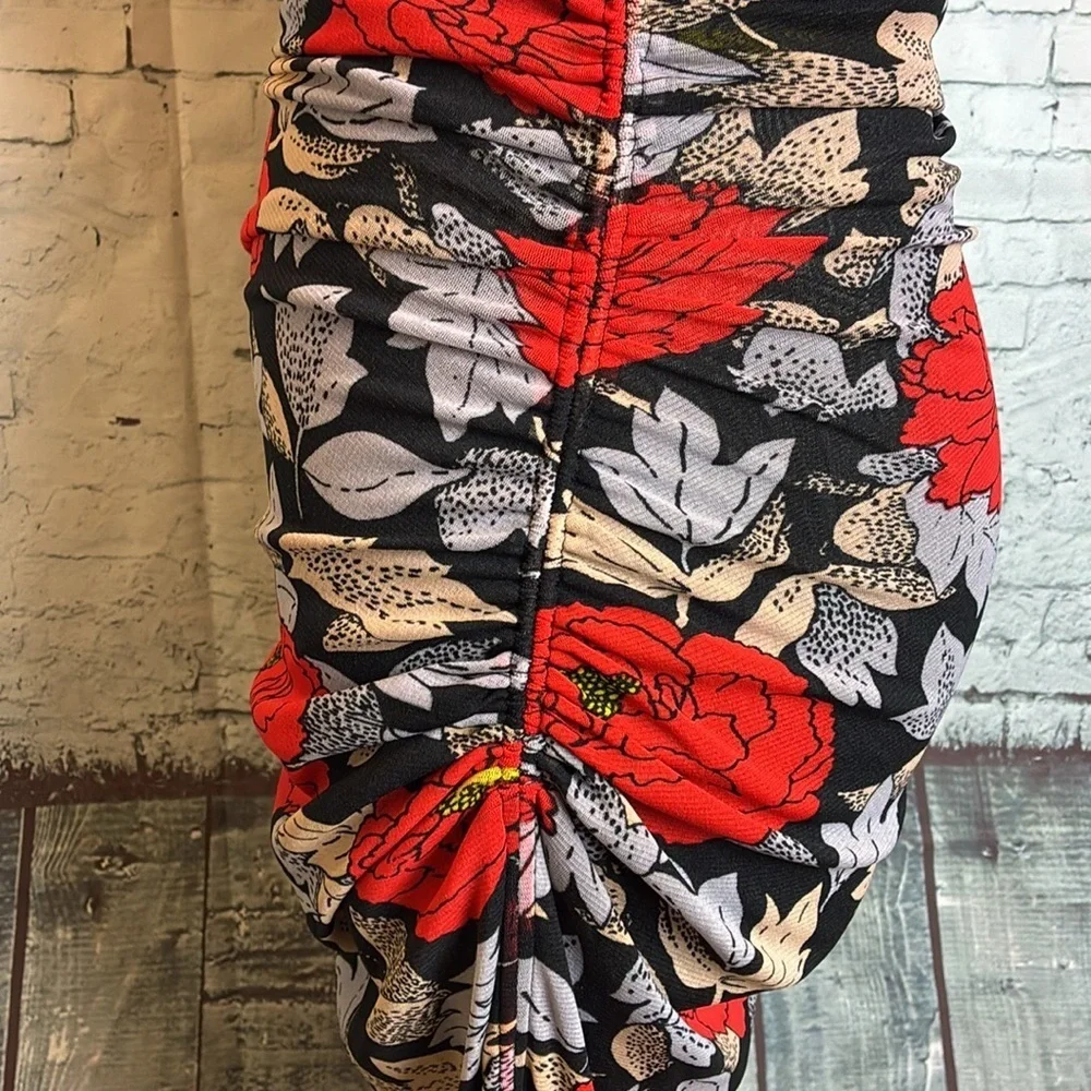 Diane Von Furstenburg Ruched One Sleeve Floral Mesh Dress Boswell Black 6 Sexy - Picture 12 of 16